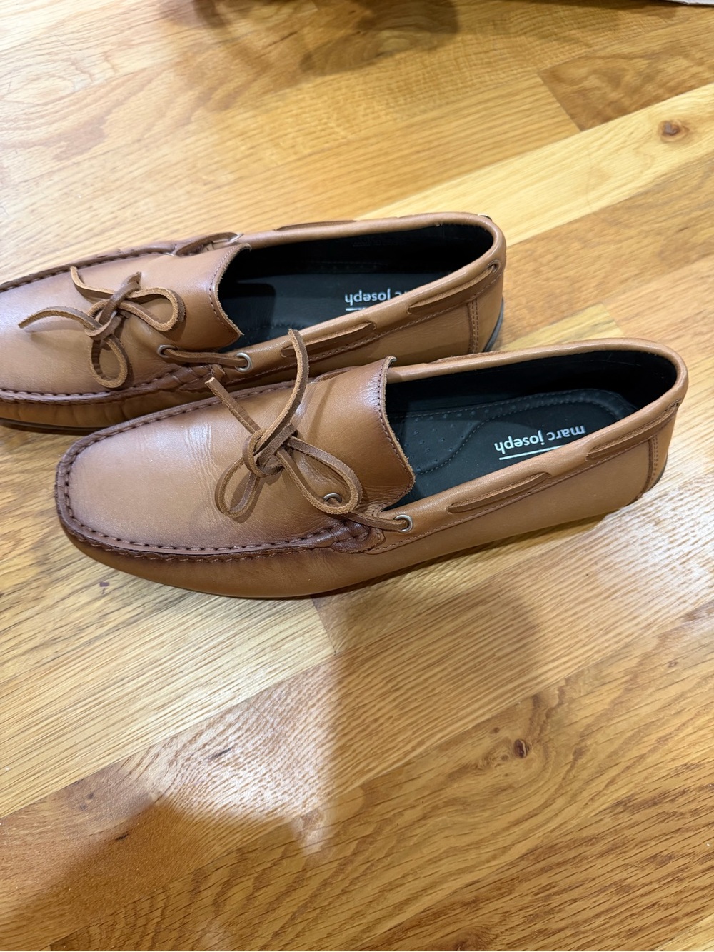 Marc Joseph Tan Leather Moccasin Boat Shoes with Bow Tie